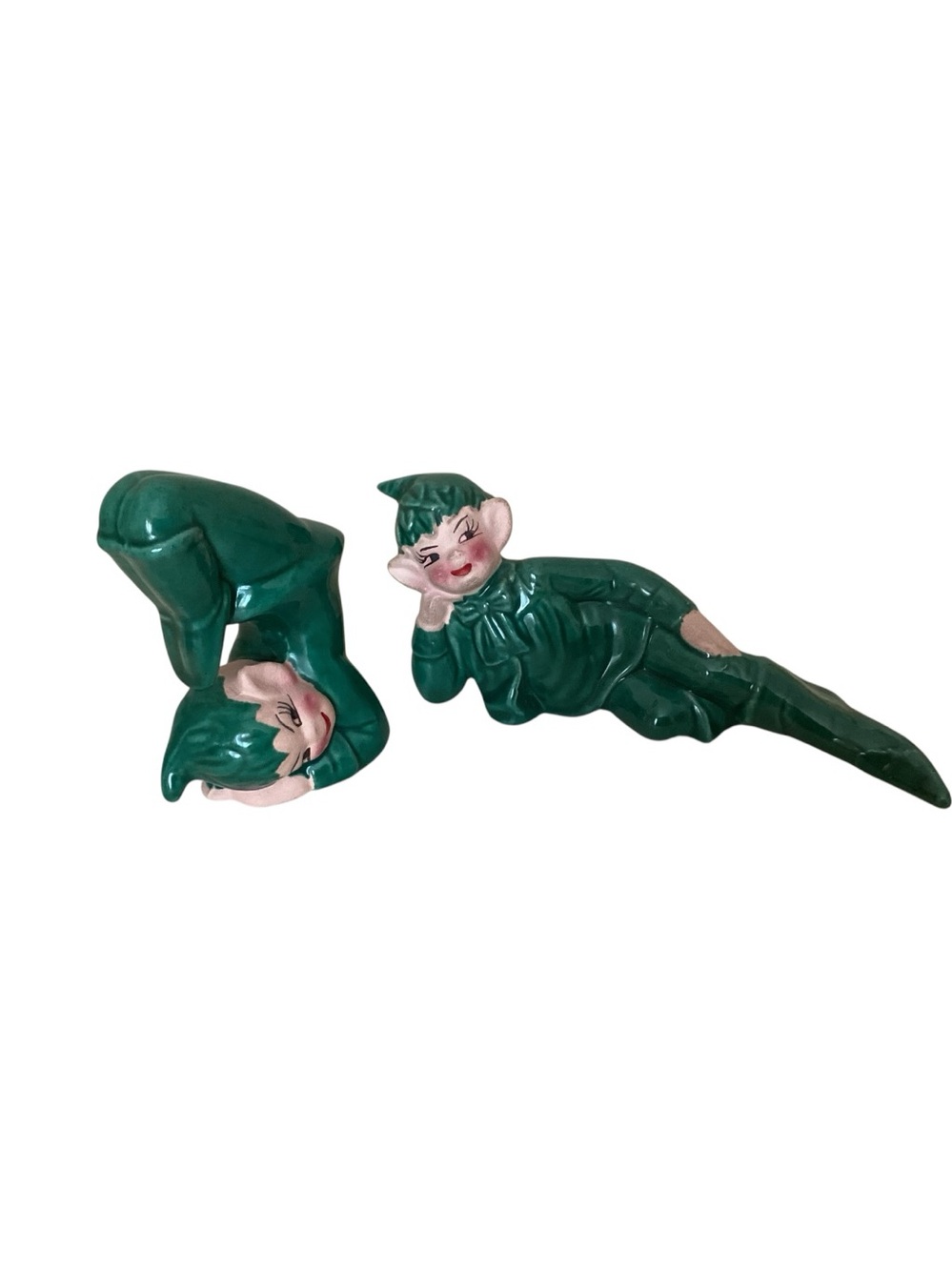 Vintage 50’s Gilner Pixie Elves Set of Two Reclining Boy and Acrobat Green